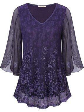 Bebonnie Women's Top Violet Ruffle 3/4 Sleeves V Neck Double Layers Mesh Blouses